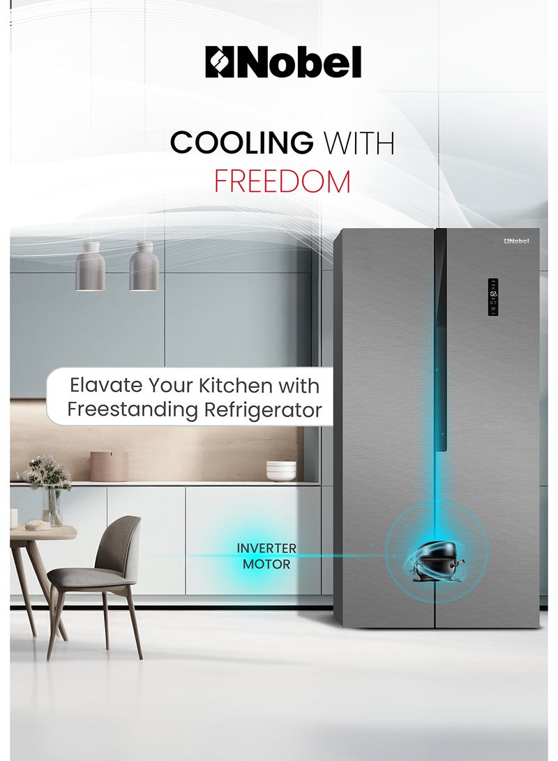 Nobel - 650 L Gross / 512 L Net  Capacity Side By Side Refrigerator, On Door LED Display, R600a Refrigerant, Electronic Control System, Inside Condenser, Removable Gasket, Adjustable Leg, Efficient Cooling System NR700D Silver - Image 1