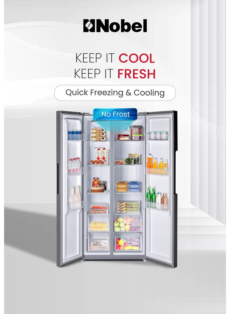 Nobel - 650 L Gross / 512 L Net  Capacity Side By Side Refrigerator, On Door LED Display, R600a Refrigerant, Electronic Control System, Inside Condenser, Removable Gasket, Adjustable Leg, Efficient Cooling System NR700D Silver - Image 1