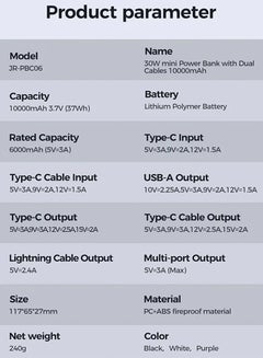 جوي روم باور بانك Joyroom بقدرة 30 وات مع كابلات Lightning وUSB-C مدمجة باللون الأسود  - Image 3