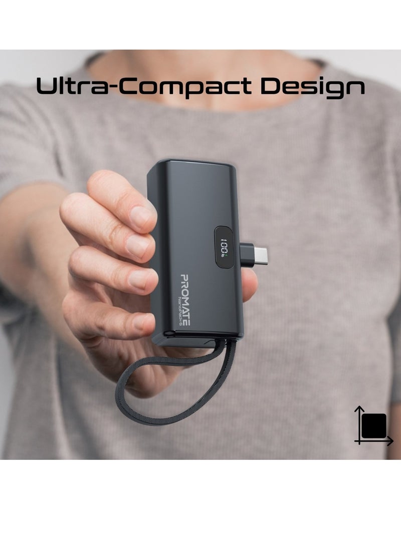 PROMATE - 5000 mAh 5000 mAh Ultra-Compact Powerbank With Built-In Lightning Cable, Foldable USB-C Connector, 20W USB-C Power Delivery Port, LED Display And Charge Protection For iPhone 16, NanoPack-5 - Black - Image 1