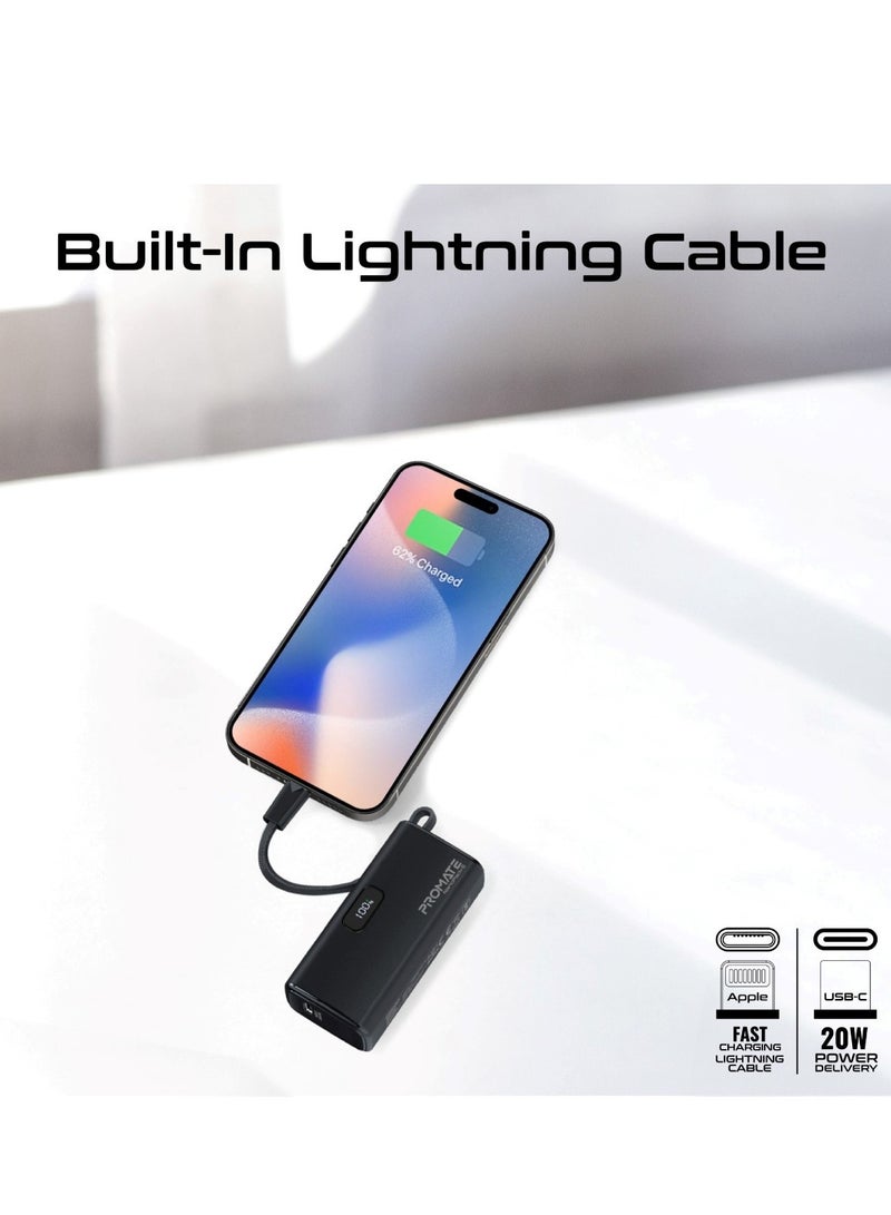 PROMATE - 5000 mAh 5000 mAh Ultra-Compact Powerbank With Built-In Lightning Cable, Foldable USB-C Connector, 20W USB-C Power Delivery Port, LED Display And Charge Protection For iPhone 16, NanoPack-5 - Black - Image 1