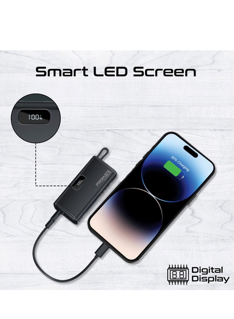 PROMATE - 5000 mAh 5000 mAh Ultra-Compact Powerbank With Built-In Lightning Cable, Foldable USB-C Connector, 20W USB-C Power Delivery Port, LED Display And Charge Protection For iPhone 16, NanoPack-5 - Black - Image 1