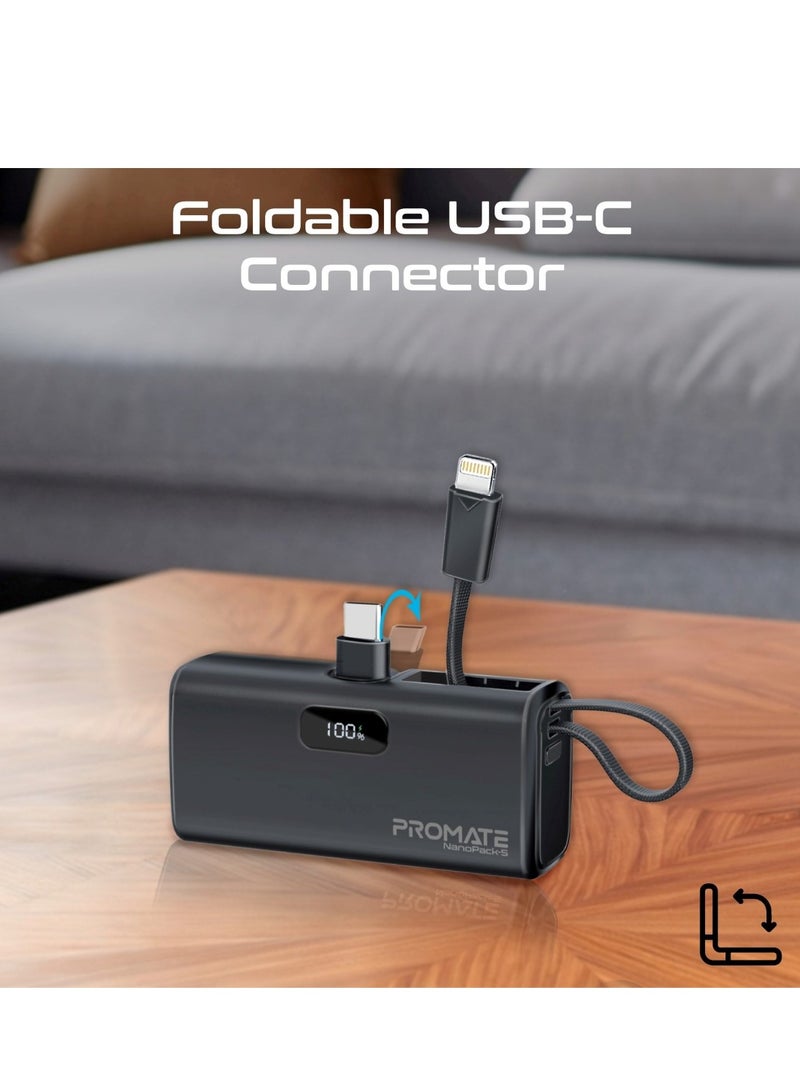 PROMATE - 5000 mAh 5000 mAh Ultra-Compact Powerbank With Built-In Lightning Cable, Foldable USB-C Connector, 20W USB-C Power Delivery Port, LED Display And Charge Protection For iPhone 16, NanoPack-5 - Black - Image 1