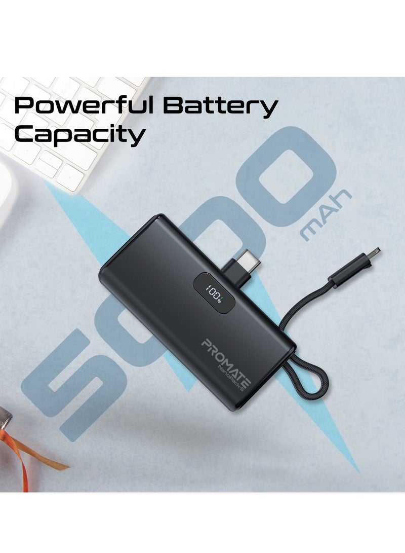 PROMATE - 5000 mAh 5000 mAh Ultra-Compact Powerbank With Built-In Lightning Cable, Foldable USB-C Connector, 20W USB-C Power Delivery Port, LED Display And Charge Protection For iPhone 16, NanoPack-5 - Black - Image 1