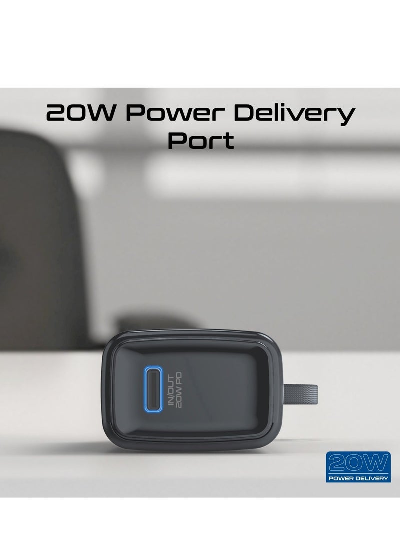 PROMATE - 5000 mAh 5000 mAh Ultra-Compact Powerbank With Built-In Lightning Cable, Foldable USB-C Connector, 20W USB-C Power Delivery Port, LED Display And Charge Protection For iPhone 16, NanoPack-5 - Black - Image 1