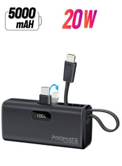5000 mAh 5000 mAh Ultra-Compact Powerbank With Built-In Lightning Cable, Foldable USB-C Connector, 20W USB-C Power Delivery Port, LED Display And Charge Protection For iPhone 16, NanoPack-5 - Black