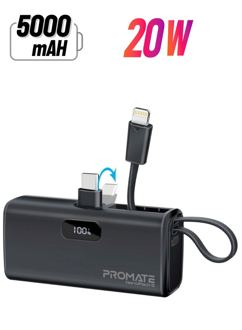 PROMATE - 5000 mAh 5000 mAh Ultra-Compact Powerbank With Built-In Lightning Cable, Foldable USB-C Connector, 20W USB-C Power Delivery Port, LED Display And Charge Protection For iPhone 16, NanoPack-5 - Black - Image 1
