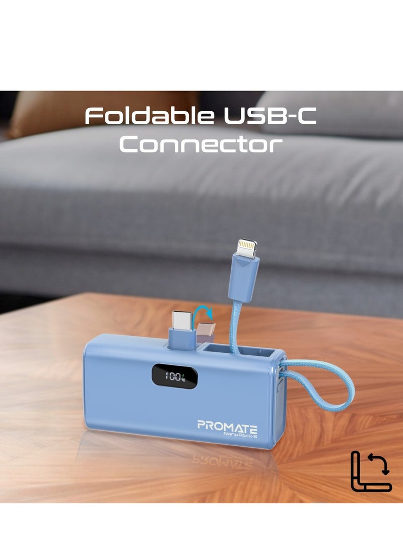 PROMATE - 5000 mAh Ultra-Compact Powerbank With Built-In Lightning Cable, Foldable USB-C Connector, 20W USB-C Power Delivery Port, LED Display and Charge Protection For iPhone 15, NanoPack-5 Blue - Image 1