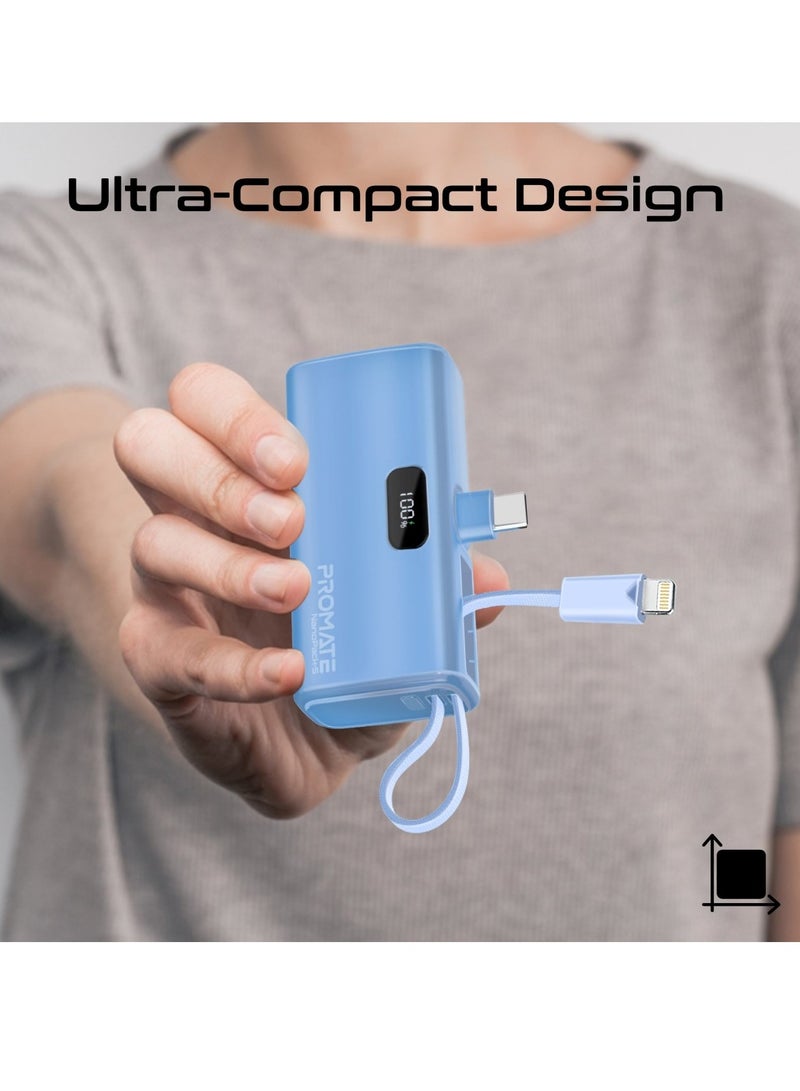 PROMATE - 5000 mAh Ultra-Compact Powerbank With Built-In Lightning Cable, Foldable USB-C Connector, 20W USB-C Power Delivery Port, LED Display and Charge Protection For iPhone 15, NanoPack-5 Blue - Image 1
