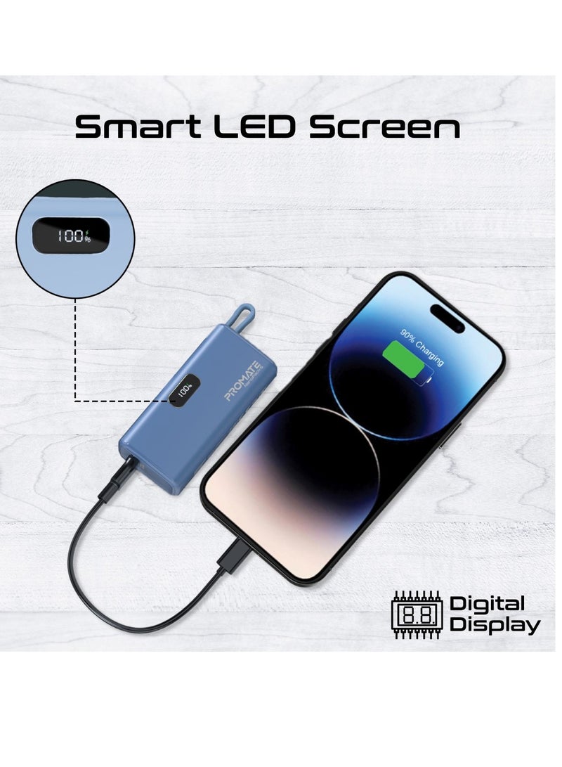 PROMATE - 5000 mAh Ultra-Compact Powerbank With Built-In Lightning Cable, Foldable USB-C Connector, 20W USB-C Power Delivery Port, LED Display and Charge Protection For iPhone 15, NanoPack-5 Blue - Image 1