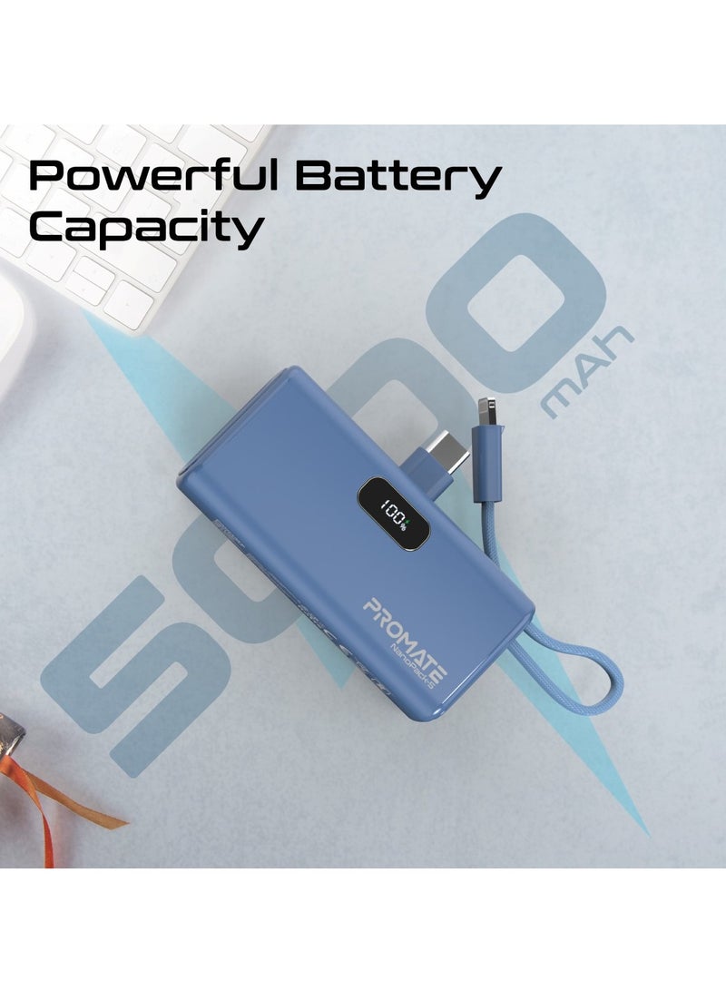 PROMATE - 5000 mAh Ultra-Compact Powerbank With Built-In Lightning Cable, Foldable USB-C Connector, 20W USB-C Power Delivery Port, LED Display and Charge Protection For iPhone 15, NanoPack-5 Blue - Image 1
