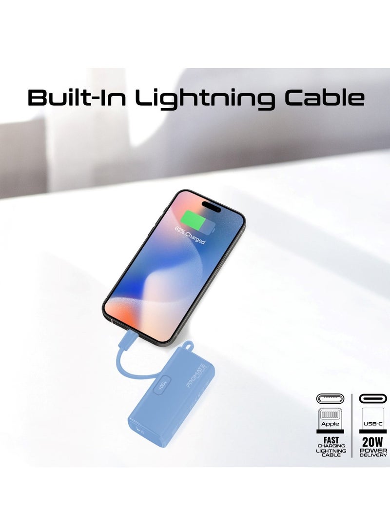 PROMATE - 5000 mAh Ultra-Compact Powerbank With Built-In Lightning Cable, Foldable USB-C Connector, 20W USB-C Power Delivery Port, LED Display and Charge Protection For iPhone 15, NanoPack-5 Blue - Image 1