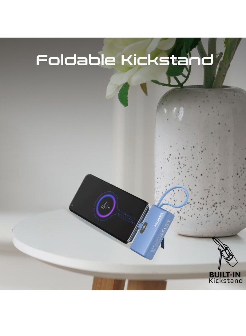 PROMATE - 5000 mAh Ultra-Compact Powerbank With Built-In Lightning Cable, Foldable USB-C Connector, 20W USB-C Power Delivery Port, LED Display and Charge Protection For iPhone 15, NanoPack-5 Blue - Image 1