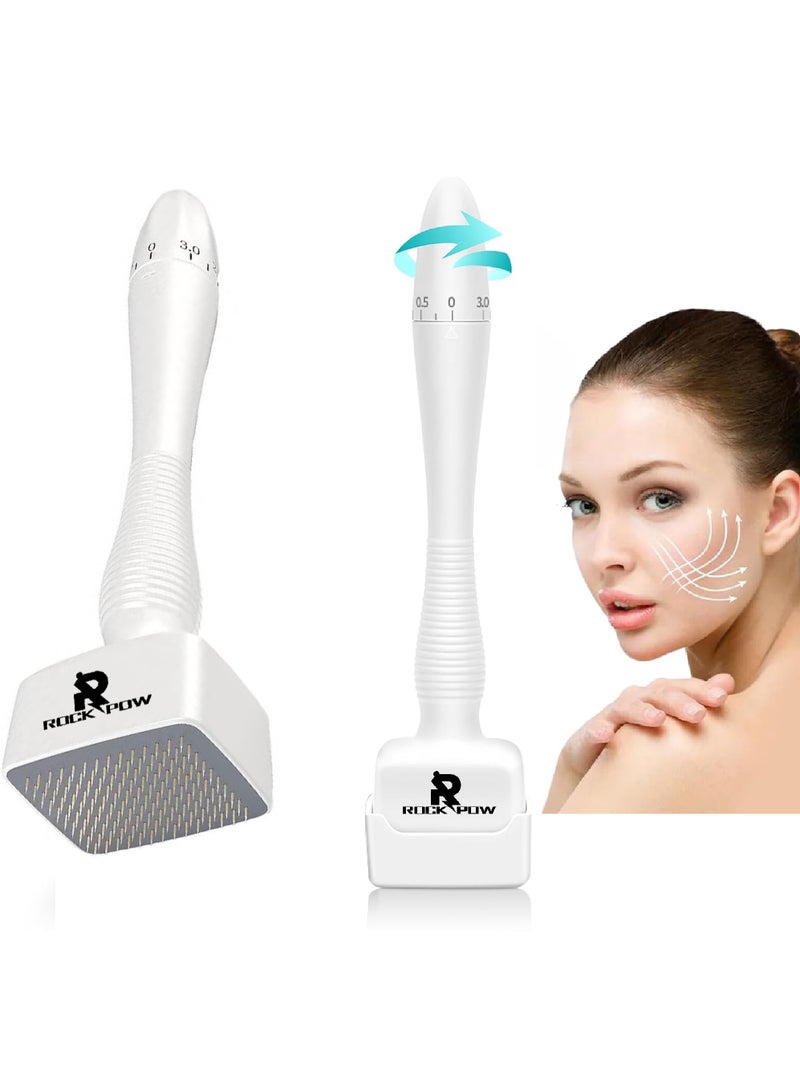 Rock Pow Adjustable Microneedling Derma Stamp Derma Roller Alternative Reusable Microneedle pen with Needle Cover Skin Care Tools for Face Body Hair Beard Growth White - Image 1