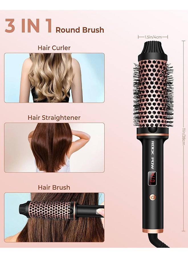 Rock Pow - Thermal Brush 1.5 Inch Curling Iron Brush Volumizing Brush Heated Round Brush Ceramic Tourmaline Ionic Curling Comb Dual Voltage Travel Curling Iron with Brush LCD Display 10 Temperature Settings Multicolour - Image 1