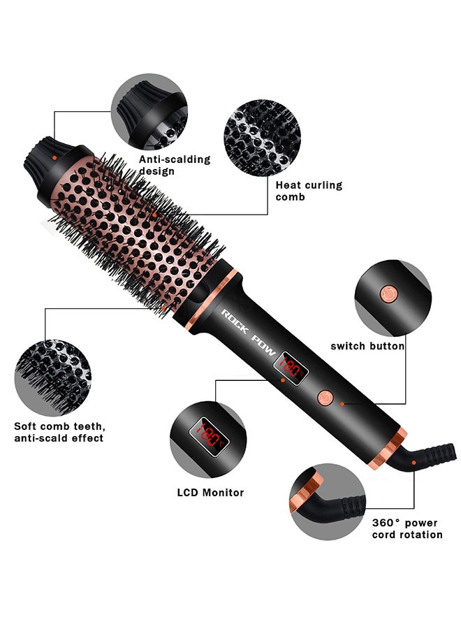 Rock Pow - Thermal Brush 1.5 Inch Curling Iron Brush Volumizing Brush Heated Round Brush Ceramic Tourmaline Ionic Curling Comb Dual Voltage Travel Curling Iron with Brush LCD Display 10 Temperature Settings Multicolour - Image 1