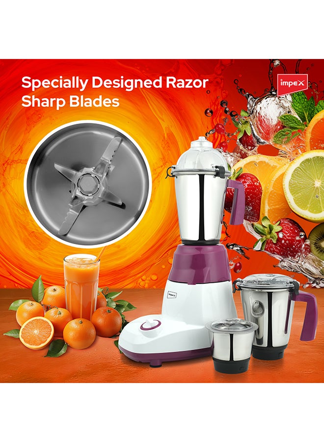 Impex - 3-In-1 Mixer Grinder Copper Motor With Unbreakable ABS Body And Stainless Steel Jars 1.5 L 750 W BL 318A White/Purple - Image 1