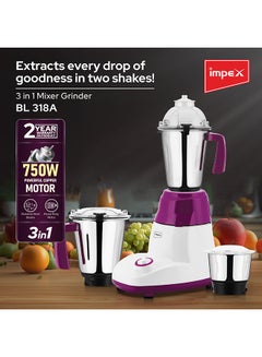 Impex 3-In-1 Mixer Grinder Copper Motor With Unbreakable ABS Body And Stainless Steel Jars 1.5 L 750 W BL 318A White/Purple  - Image 3