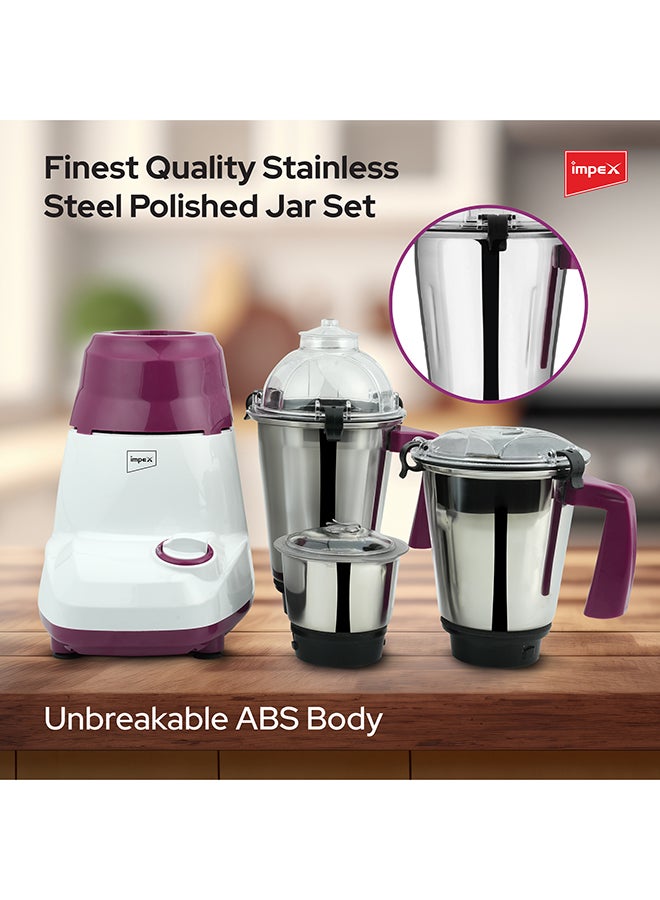 Impex - 3-In-1 Mixer Grinder Copper Motor With Unbreakable ABS Body And Stainless Steel Jars 1.5 L 750 W BL 318A White/Purple - Image 1
