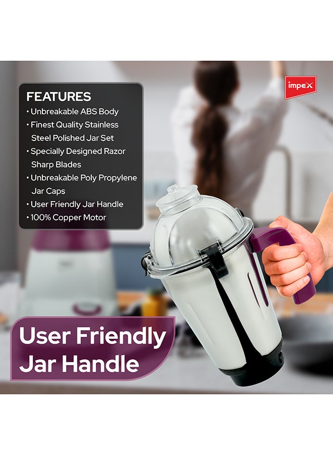 Impex - 3-In-1 Mixer Grinder Copper Motor With Unbreakable ABS Body And Stainless Steel Jars 1.5 L 750 W BL 318A White/Purple - Image 1