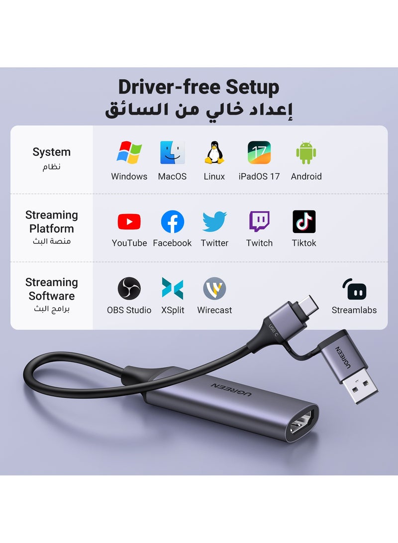 Ugreen - HDMI Video Capture Card 2 in 1 【Type C +USB A】HDMI to USB C Capture Card Adapter, 1080P@60Hz for NS X-box Screen Extender Gaming Live Streaming Video Recorder on Tiktok Youtube , for Windows MacOS Grey - Image 1