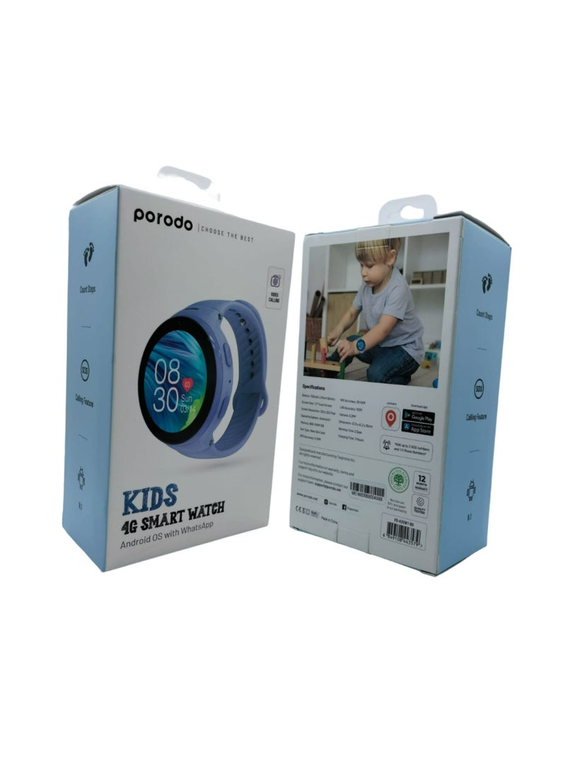 porodo - Premium Kids 4G Smartwatch Android OS 8.1 With Whatsapp, Video Calling, Count Steps, Calling Feature Blue - Image 1