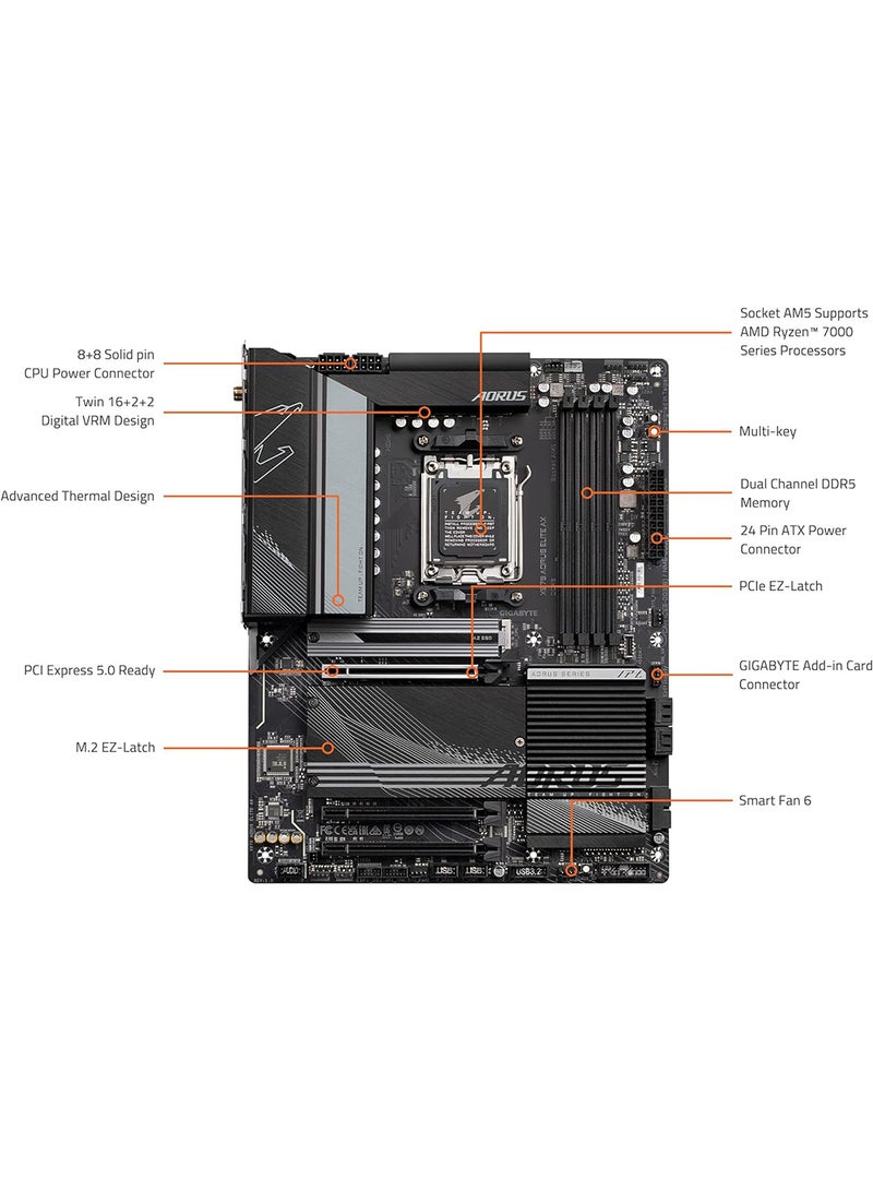 X670 AORUS Elite AX (AM5/ LGA 1718/ AMD/ X670/ ATX/ 5 Year Warranty/ DDR5/ Quad M.2/ PCIe 5.0/ USB 3.2 Gen2X2 Type-C/AMD WiFi 6E/ 2.5GbE LAN/Q-Flash Plus/M.2 EZ-Latch/Gaming Motherboard) Black