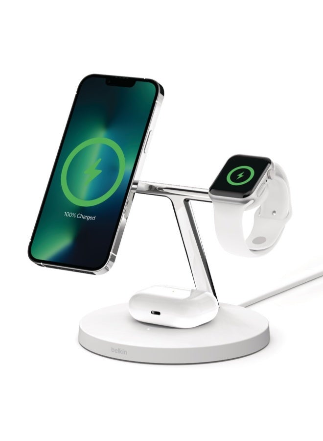 belkin Boostcharge Pro 3-In-1 Wireless Stand Fast Charger W/ 15W MagSafe For Apple iPhone 15/14/13/12 Pro Max/Pro/Plus, Apple Watch Series Ultra SE/9/8/7/6/5/4/3/2/1 And AirPods/Airpods Pro White 