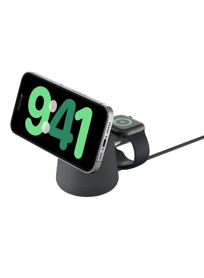 belkin - Boostcharge Pro 2-In-1 Wireless Charging Dock W/ Magsafe 15W - Fast Charge iPhone Stand, Works W/ Iphone 15/14/13/12, Apple Watch 9/8/7/6/5/4, Airpods, And Other Magsafe Enabled Devices Black - Image 1