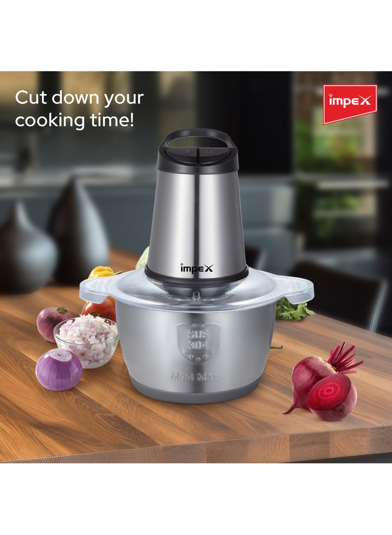 Impex Electric Food Chopper Stainless Steel Bowl With 2 Speed Adjustable And 4 Piece Stainless Steel Blade 2 L 350 W FC 3202 Silver  - Image 3