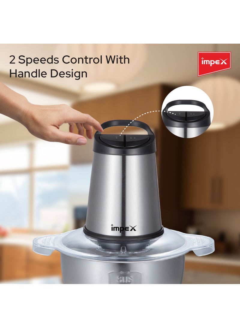 Impex Electric Food Chopper Stainless Steel Bowl With 2 Speed Adjustable And 4 Piece Stainless Steel Blade 2 L 350 W FC 3202 Silver  - Image 5