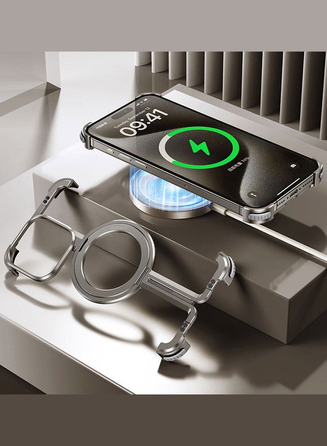 MARGOUN iPhone 15 Pro Max Case Cover Lightweight Metal Shock Bar Magsafe Case Finger Ring Holder Shockproof Phone Cover Bumper Magnetic Wireless Charging Mobile Phone Kickstand Protective Case Silver - Image 3