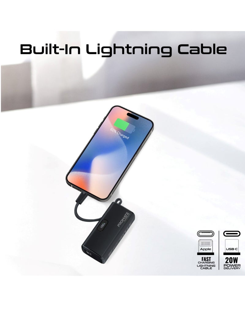 PROMATE - 5000 mAh Compact Power Bank Universal With Portable Charger And Built-In Lightning Cable Foldable USB-C Connector LED Display Black - Image 1