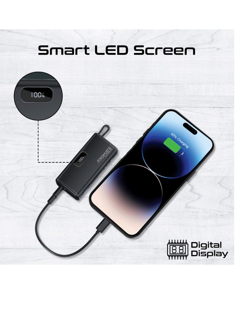 PROMATE - 5000 mAh Compact Power Bank Universal With Portable Charger And Built-In Lightning Cable Foldable USB-C Connector LED Display Black - Image 1
