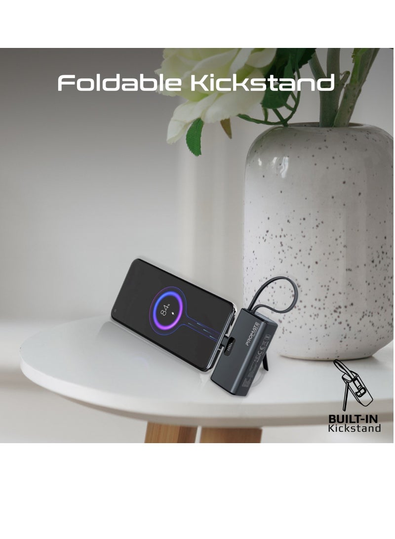 PROMATE - 5000 mAh Compact Power Bank Universal With Portable Charger And Built-In Lightning Cable Foldable USB-C Connector LED Display Black - Image 1