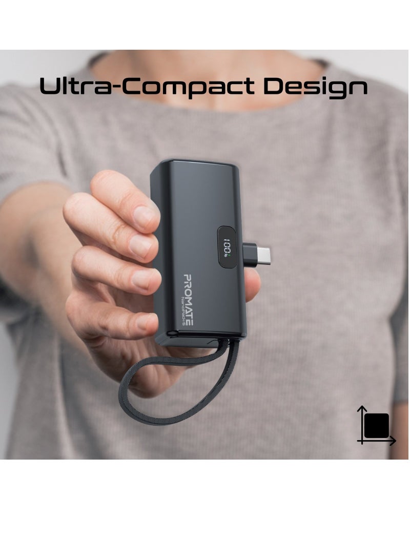 PROMATE - 5000 mAh Compact Power Bank Universal With Portable Charger And Built-In Lightning Cable Foldable USB-C Connector LED Display Black - Image 1