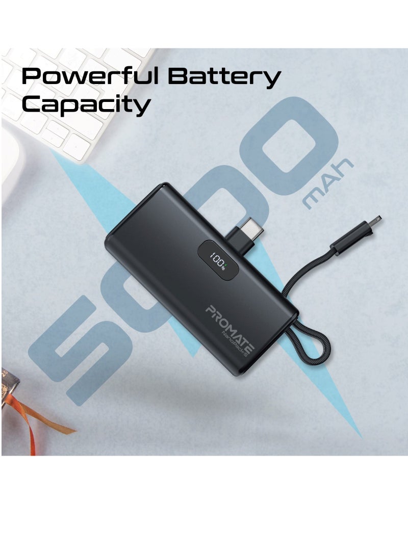 PROMATE - 5000 mAh Compact Power Bank Universal With Portable Charger And Built-In Lightning Cable Foldable USB-C Connector LED Display Black - Image 1