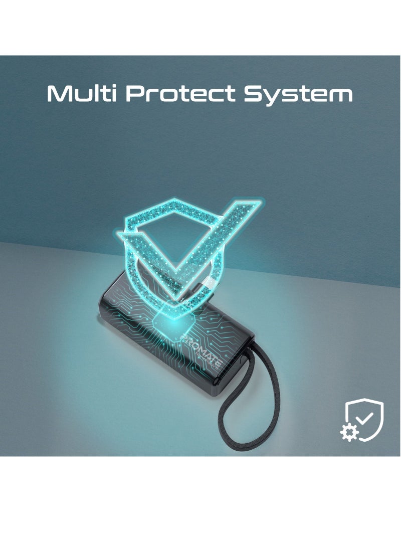PROMATE - 5000 mAh Compact Power Bank Universal With Portable Charger And Built-In Lightning Cable Foldable USB-C Connector LED Display Black - Image 1