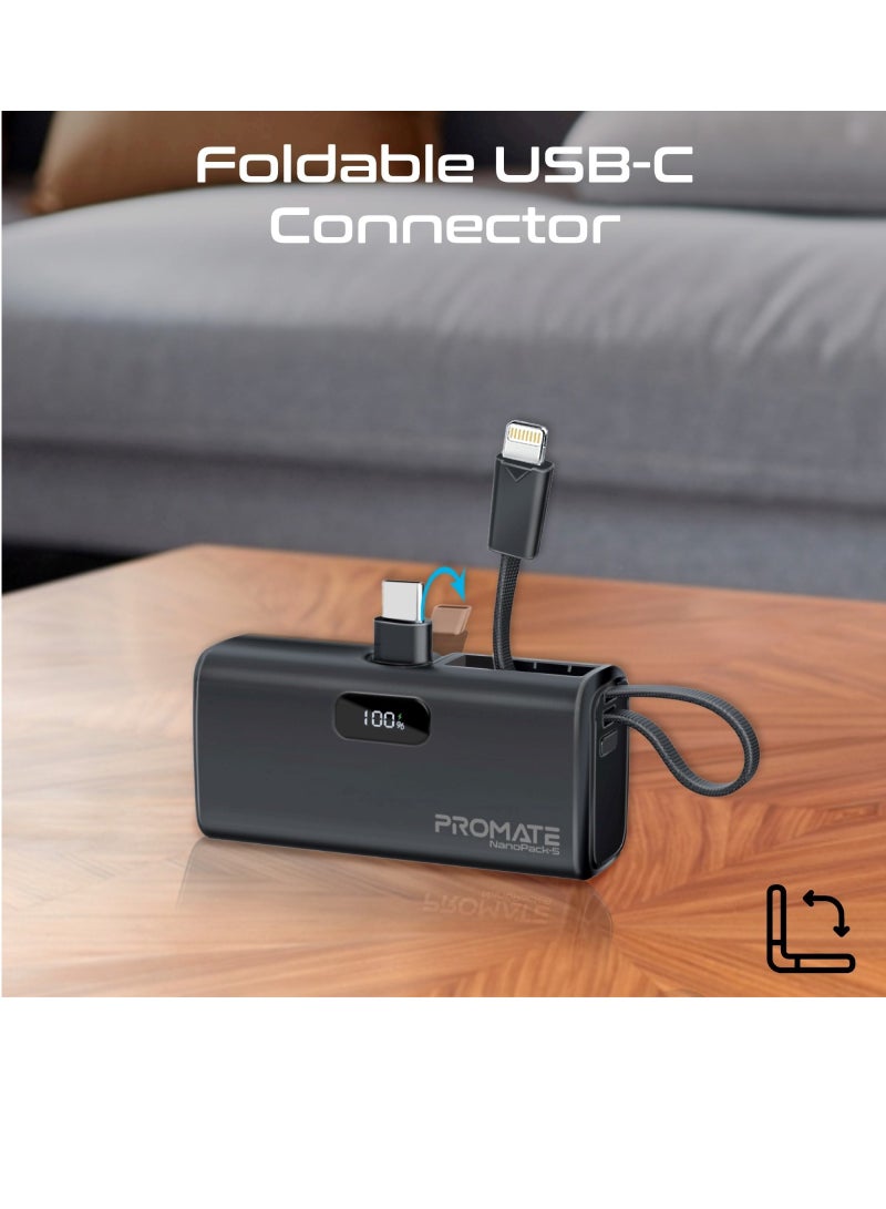 PROMATE - 5000 mAh Compact Power Bank Universal With Portable Charger And Built-In Lightning Cable Foldable USB-C Connector LED Display Black - Image 1