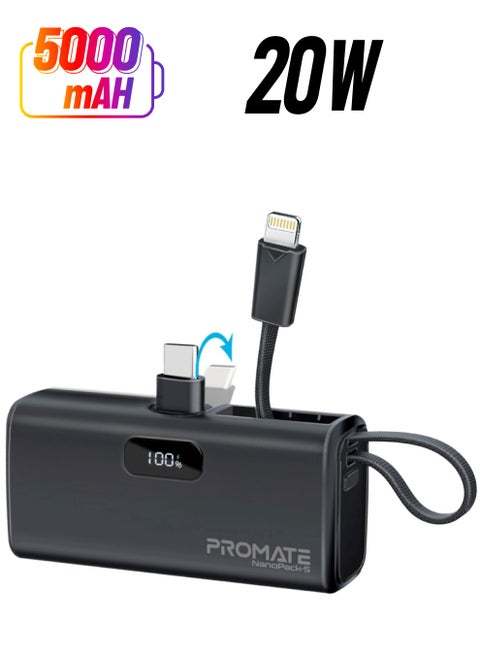 5000 mAh Compact Power Bank Universal With Portable Charger And Built-In Lightning Cable Foldable USB-C Connector LED Display Black
