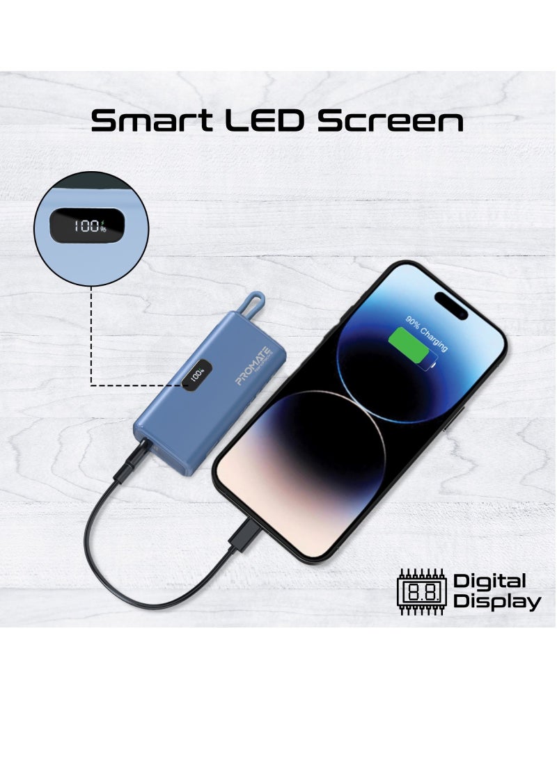 PROMATE - 5000 mAh Compact Power Bank Universal With Portable Charger And Built-In Lightning Cable Foldable USB-C Connector LED Display Blue - Image 1