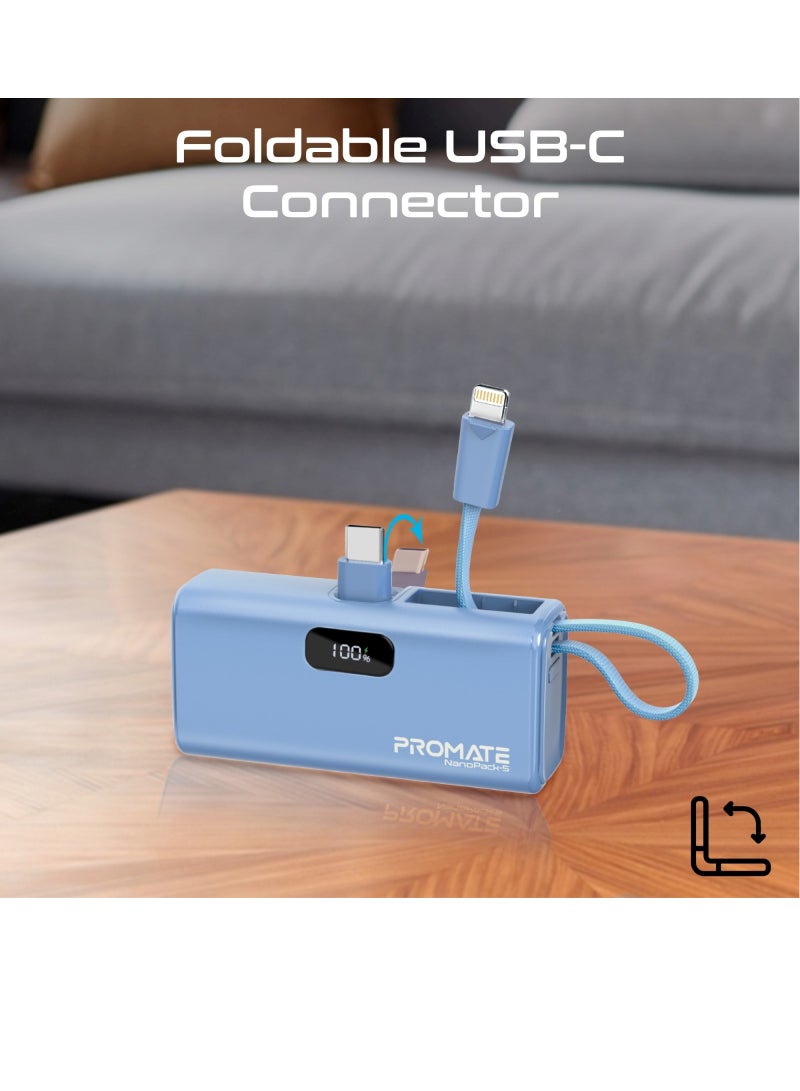 PROMATE - 5000 mAh Compact Power Bank Universal With Portable Charger And Built-In Lightning Cable Foldable USB-C Connector LED Display Blue - Image 1