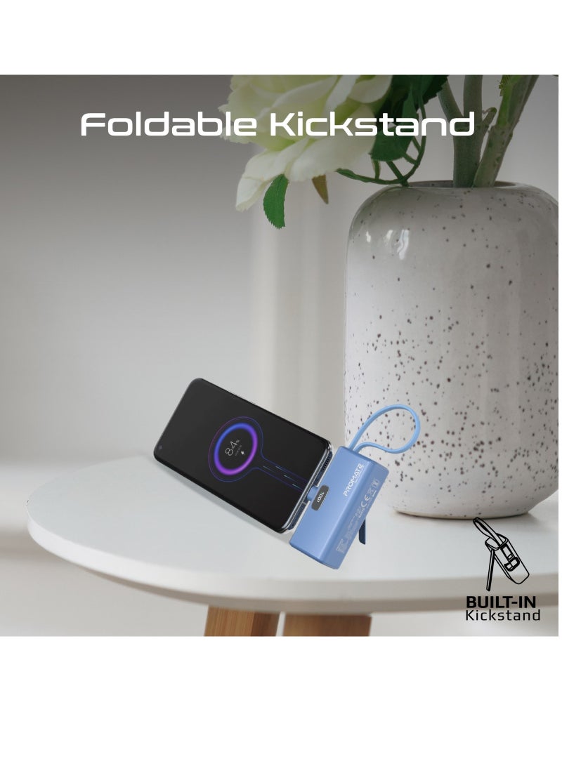 PROMATE - 5000 mAh Compact Power Bank Universal With Portable Charger And Built-In Lightning Cable Foldable USB-C Connector LED Display Blue - Image 1