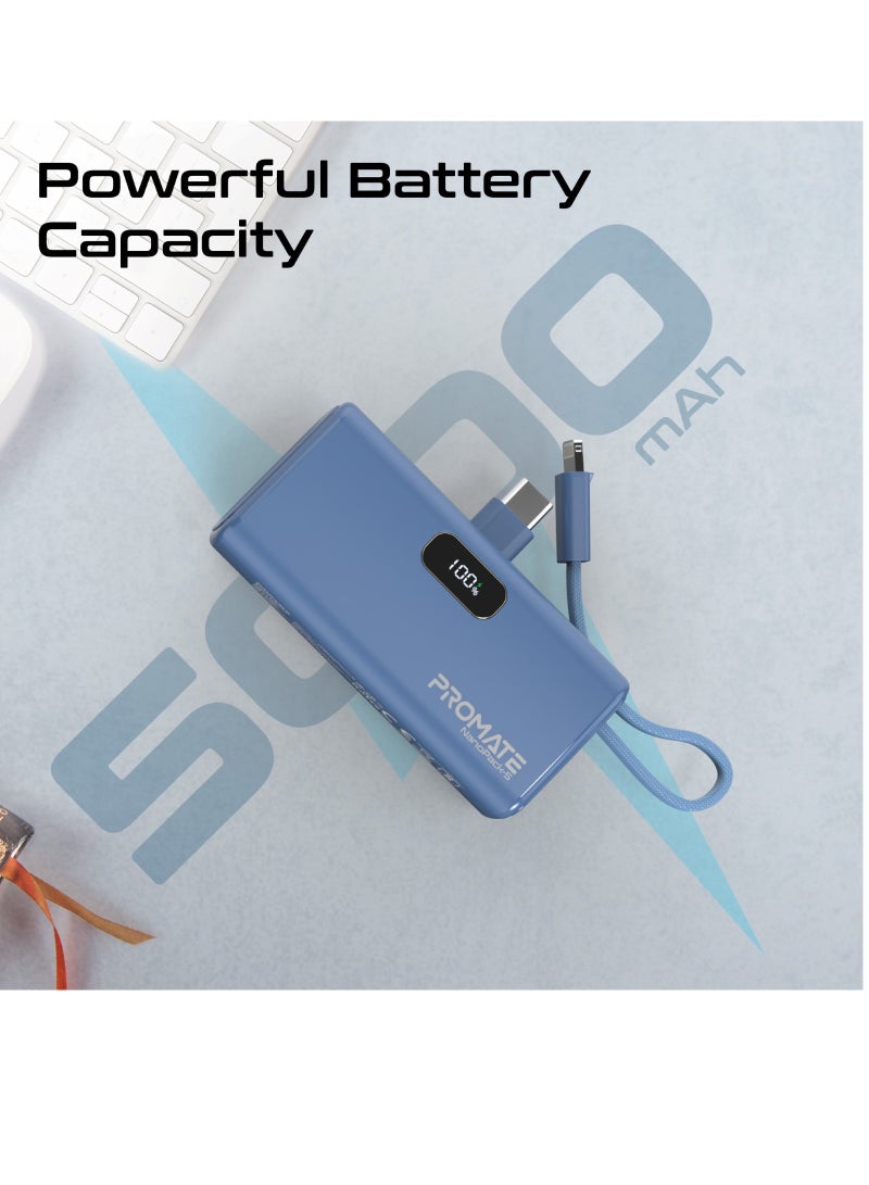PROMATE - 5000 mAh Compact Power Bank Universal With Portable Charger And Built-In Lightning Cable Foldable USB-C Connector LED Display Blue - Image 1