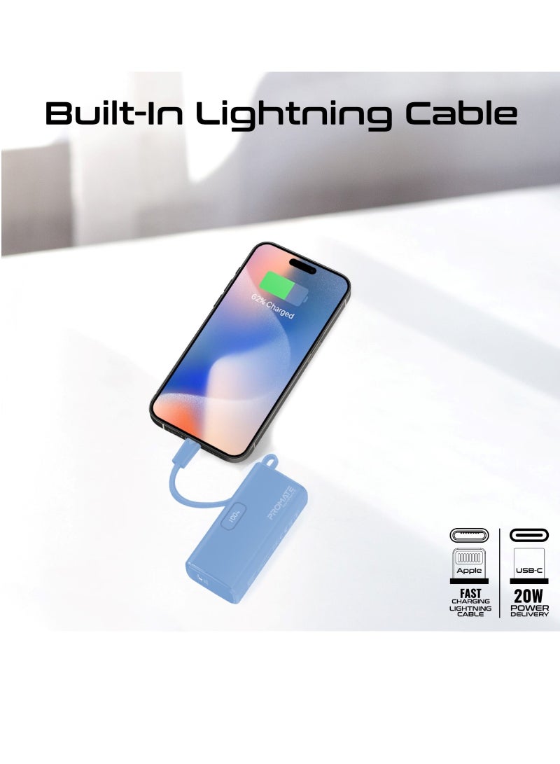 PROMATE - 5000 mAh Compact Power Bank Universal With Portable Charger And Built-In Lightning Cable Foldable USB-C Connector LED Display Blue - Image 1