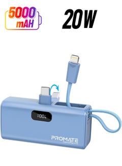 PROMATE 5000 mAh Compact Power Bank Universal With Portable Charger And Built-In Lightning Cable Foldable USB-C Connector LED Display Blue  - Image 1