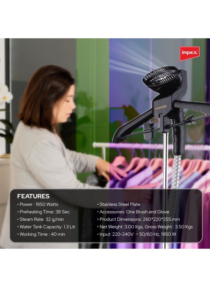 Impex - Standing Garment Steamer For Clothes,1.3Ltr Water Tank For Continuous Steaming, Aluminum Pole, Coat Hanger, Steamer For Wrinkles And Creases 1.3 L 1950 W GSM 6010 Purple/Black - Image 1