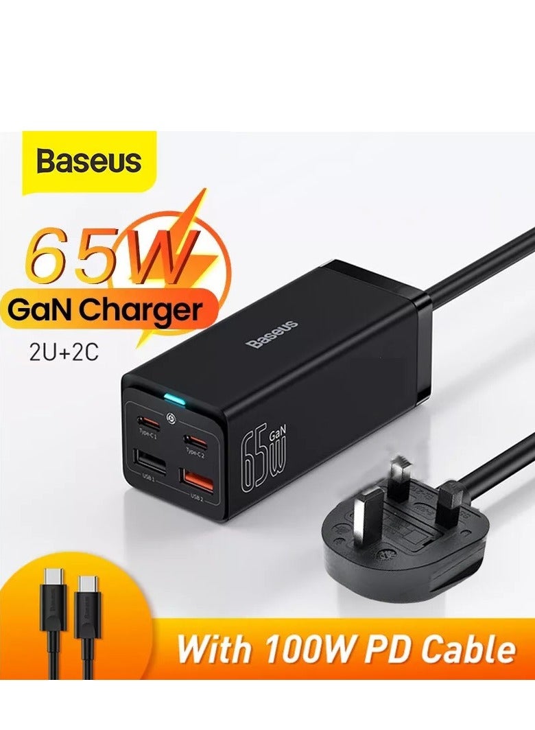 Baseus USB C Charger, 65W PD GaN3 Fast Wall Charger Block, 4-Ports 2USB-C + 2USB-A Charging Station With 5ft AC Cable for MacBook Pro/Air, USB-C Laptop, iPhone 15/14/13, iPad Pro, Galaxy S24 S23, Etc Black - Image 1