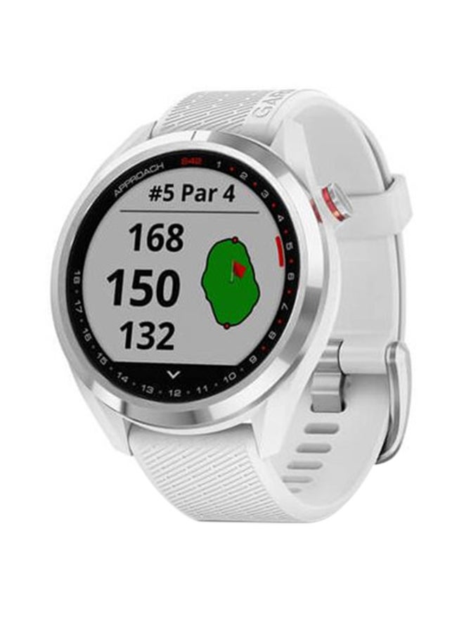 GARMIN Approach S42-43MM - Up To 10 Days Battery Life, 1.2"inch Amoled Display, Scratch Resistance, Chemically Strengthened Glass, Hydration tracking, Sleep Tracking, Advance GPS Features, Advance Golf Features and Dedicated Sports App , iOS and Android Compatible Polished Silver Cream Bezel with White Silicone Band - Image 1