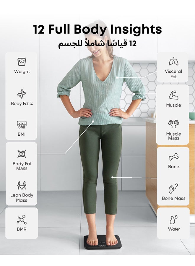 إيوفي ميزان ذكي A1 مع بلوتوث، مقياس دهون الجسم، ميزان حمام رقمي لاسلكي، 12 قياسًا، الوزن/دهون الجسم/مؤشر كتلة الجسم، تحليل تكوين الجسم للياقة البدنية، أسود، رطل/كجم. - Image 4